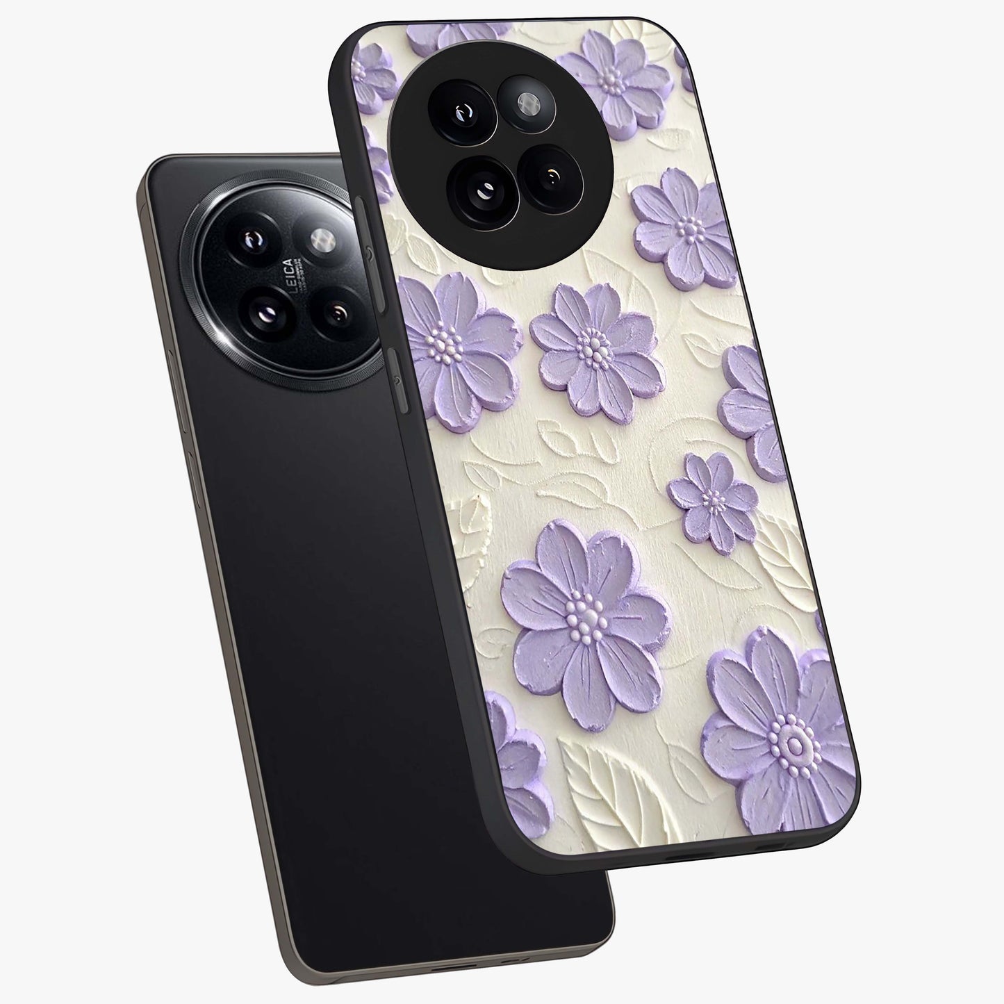 Floral Wall Art With Purple Flowers Glass Case displayed in angled mockup highlighting vibrant purple floral illustration with artistic aesthetic.