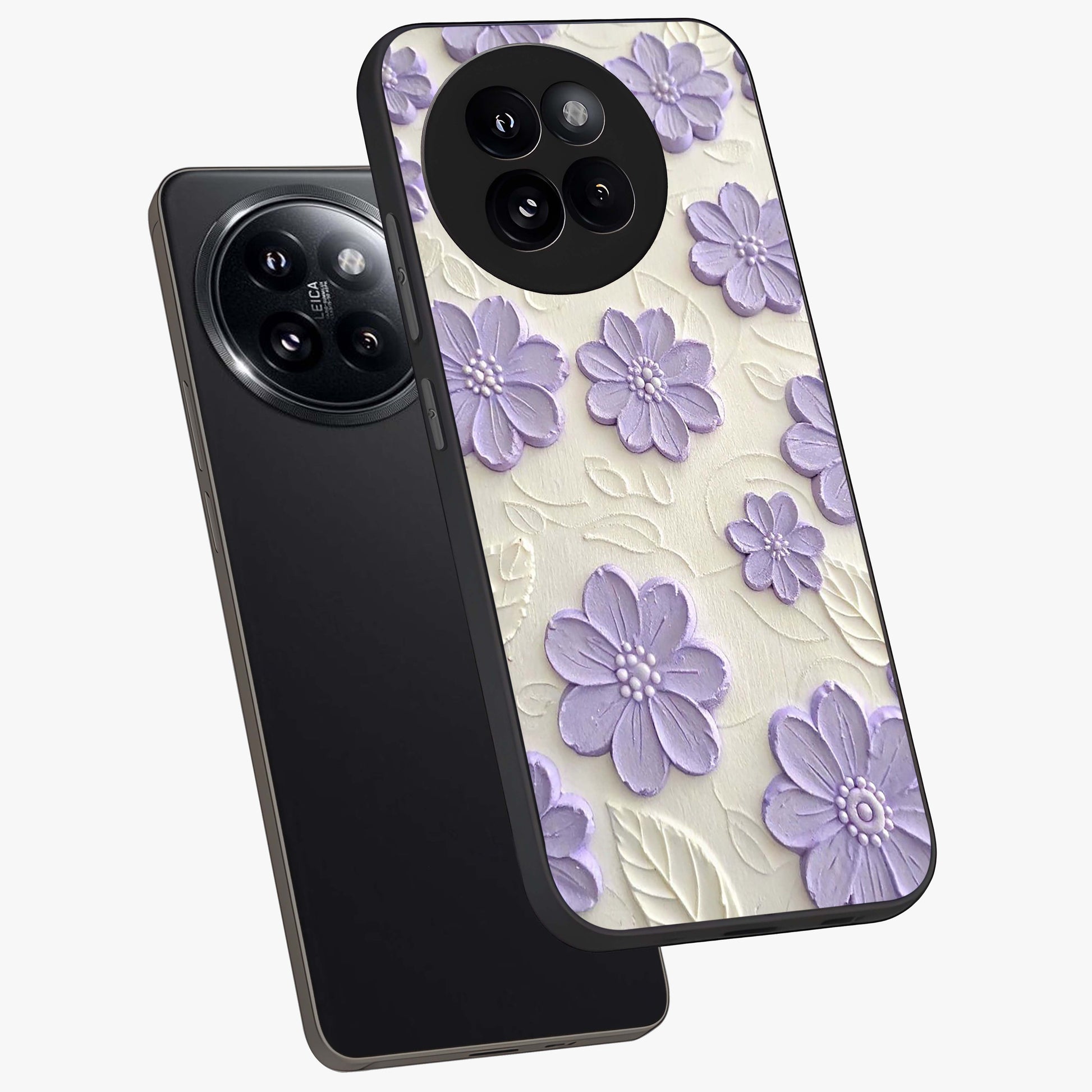 Floral Wall Art With Purple Flowers Glass Case displayed in angled mockup highlighting vibrant purple floral illustration with artistic aesthetic.