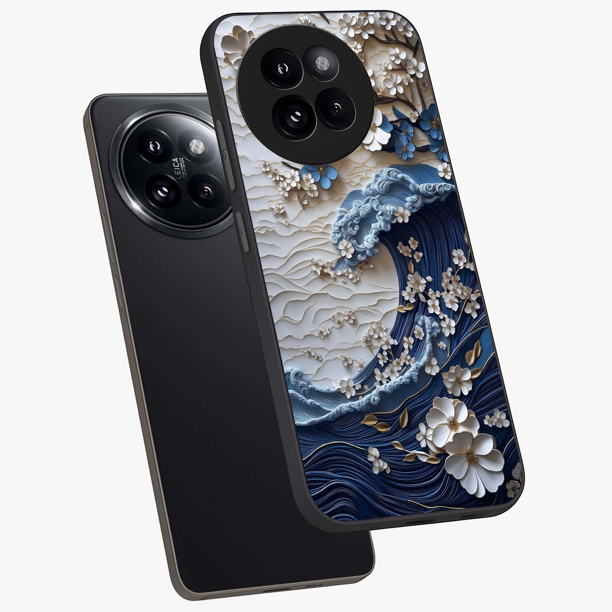 Floral Wave Origami Glass Case displayed in angled mockup highlighting geometric origami flower design with modern aesthetic style.