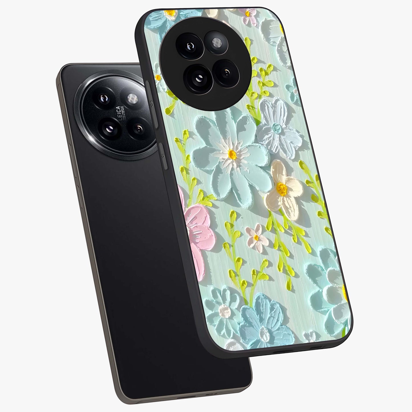 Frosted Petal Garden Glass Case displayed in angled mockup highlighting delicate flower petal design with calm garden aesthetic.