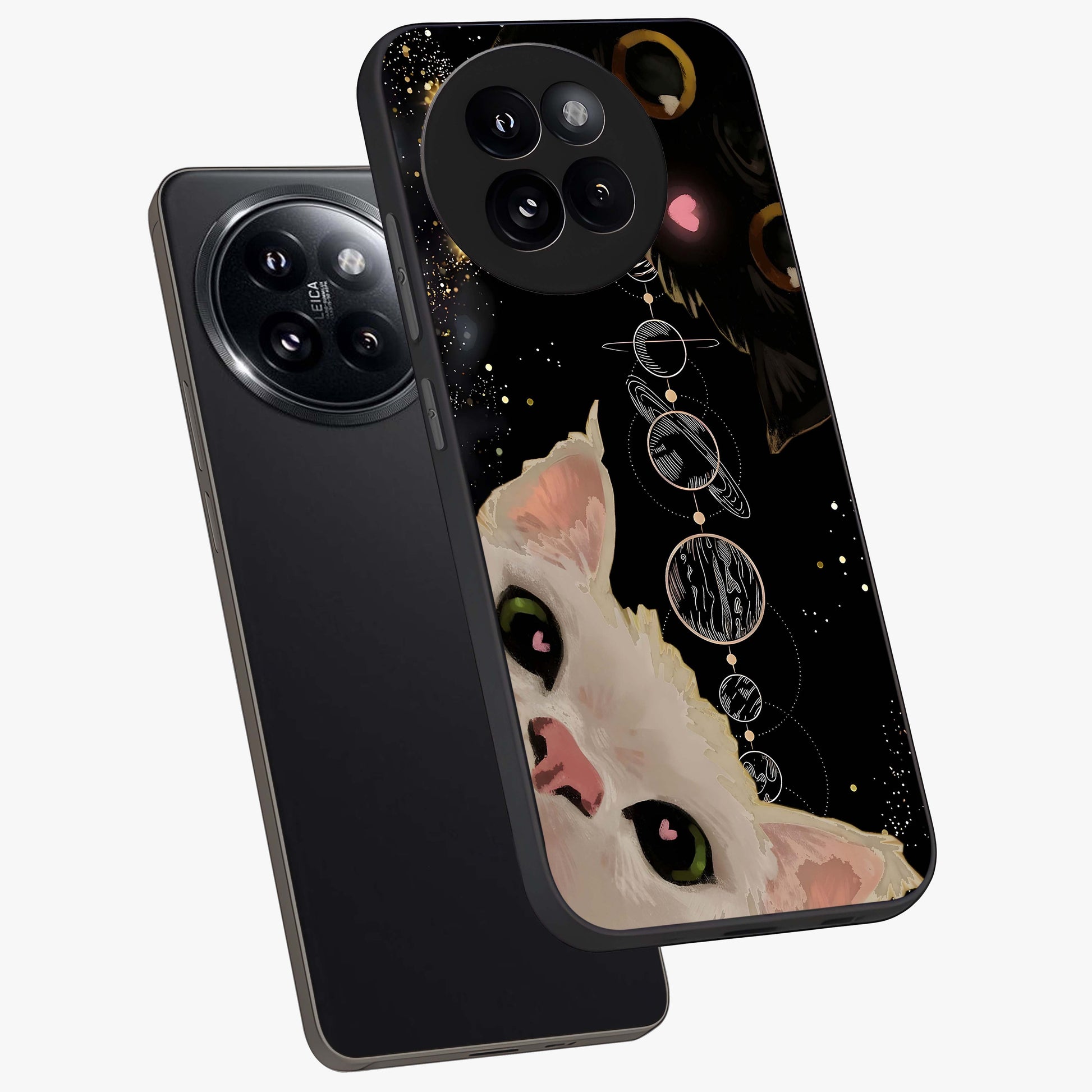 Galactic Cat Glass Case displayed in angled mockup highlighting celestial feline illustration with galaxy aesthetic style.