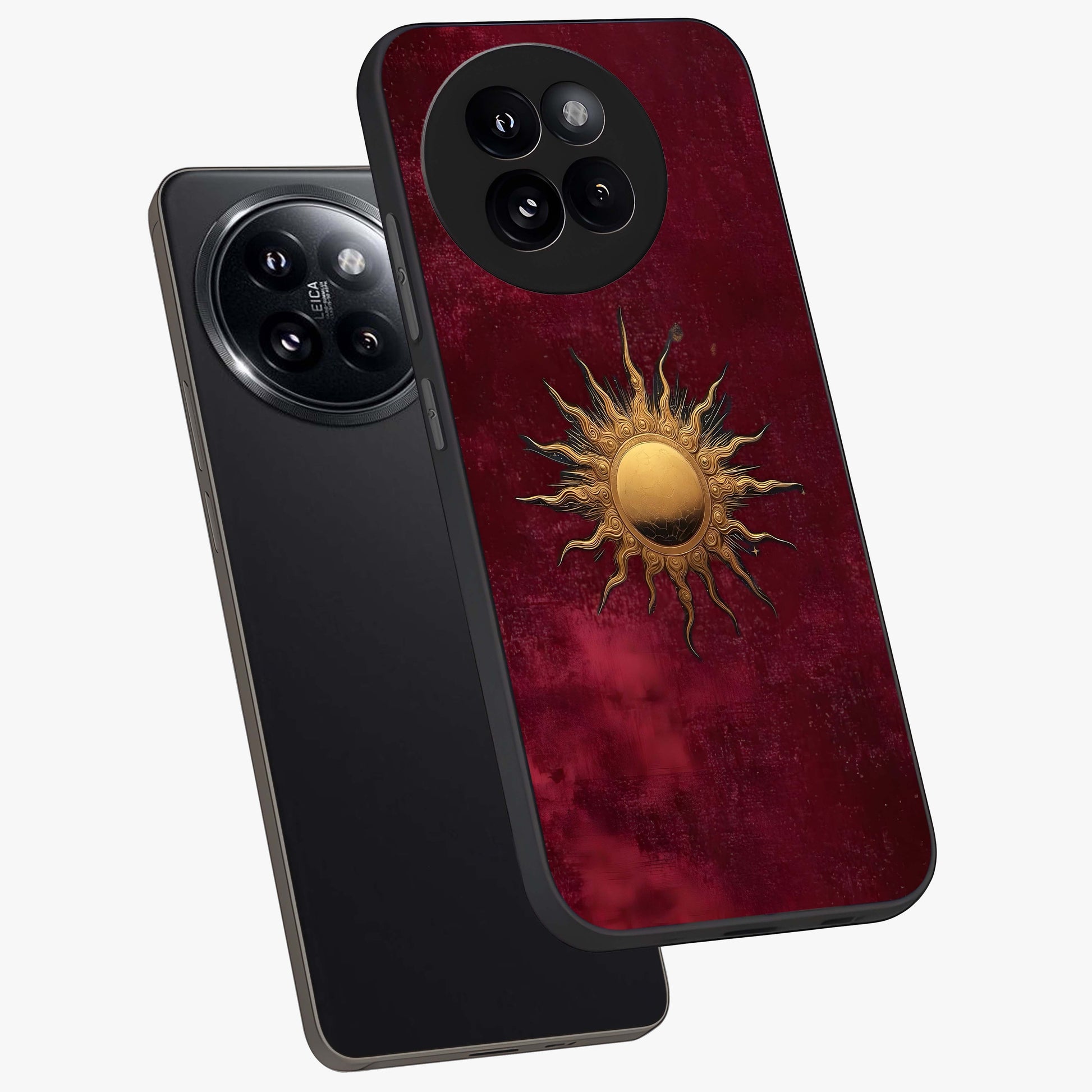Golden Sun Minimalism Glass Case displayed in angled mockup highlighting clean sun symbol design with modern minimal aesthetic.