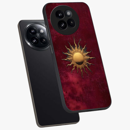 Golden Sun Minimalism Glass Case displayed in angled mockup highlighting clean sun symbol design with modern minimal aesthetic.