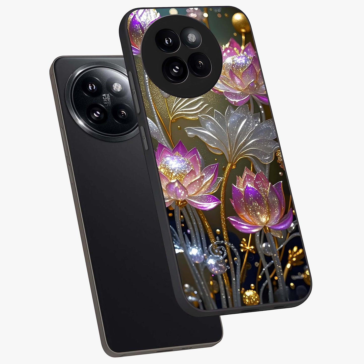 Golden Floral Majesty Glass Case displayed in angled mockup highlighting elegant flower design with royal golden aesthetic.