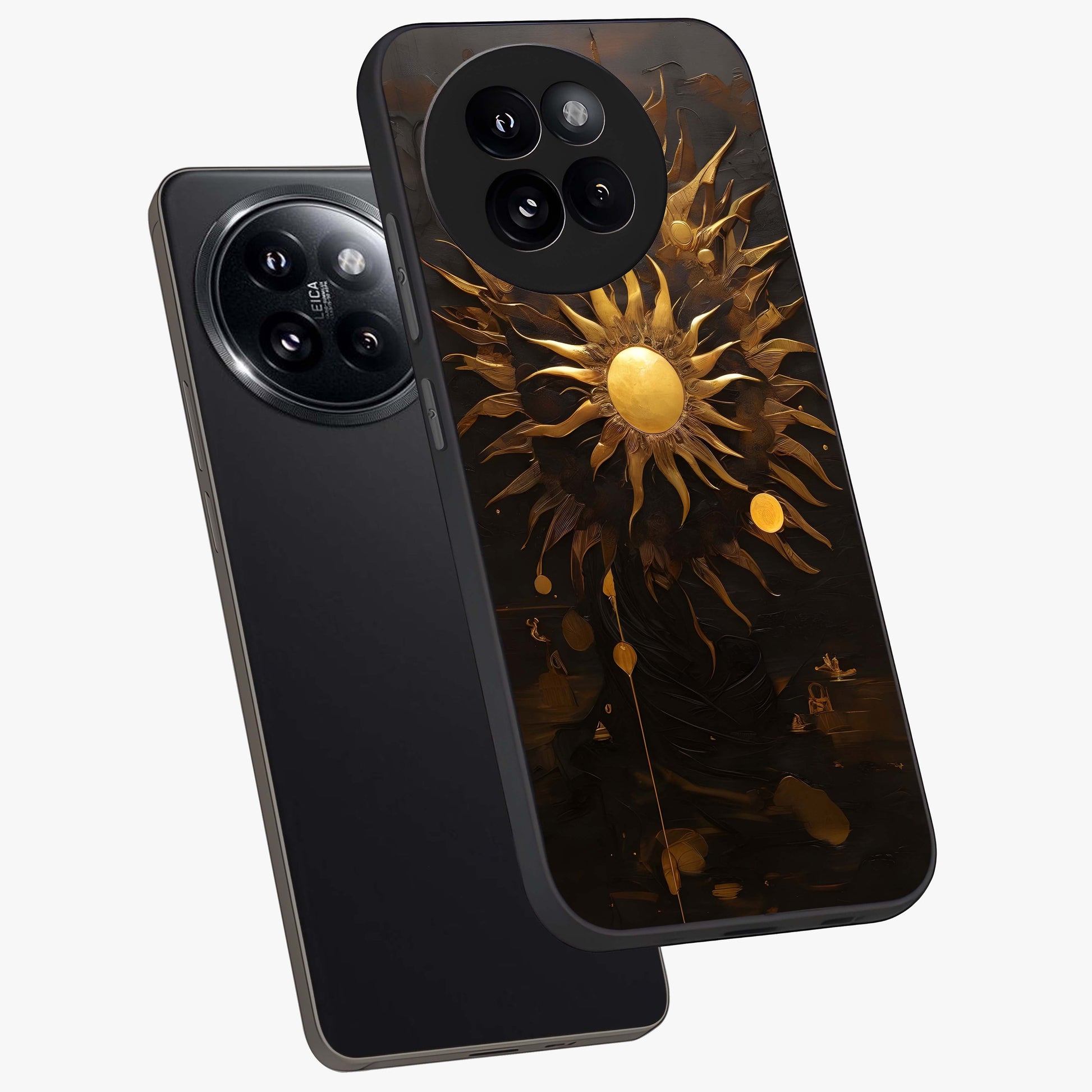 Golden Sun Majesty Glass Case displayed in angled mockup highlighting eerie shadow illustration with gothic aesthetic.