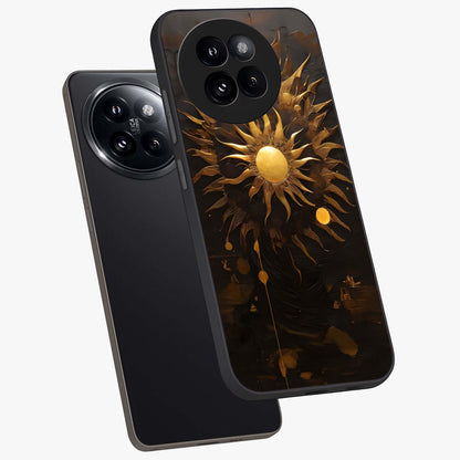 Golden Sun Majesty Glass Case displayed in angled mockup highlighting eerie shadow illustration with gothic aesthetic.