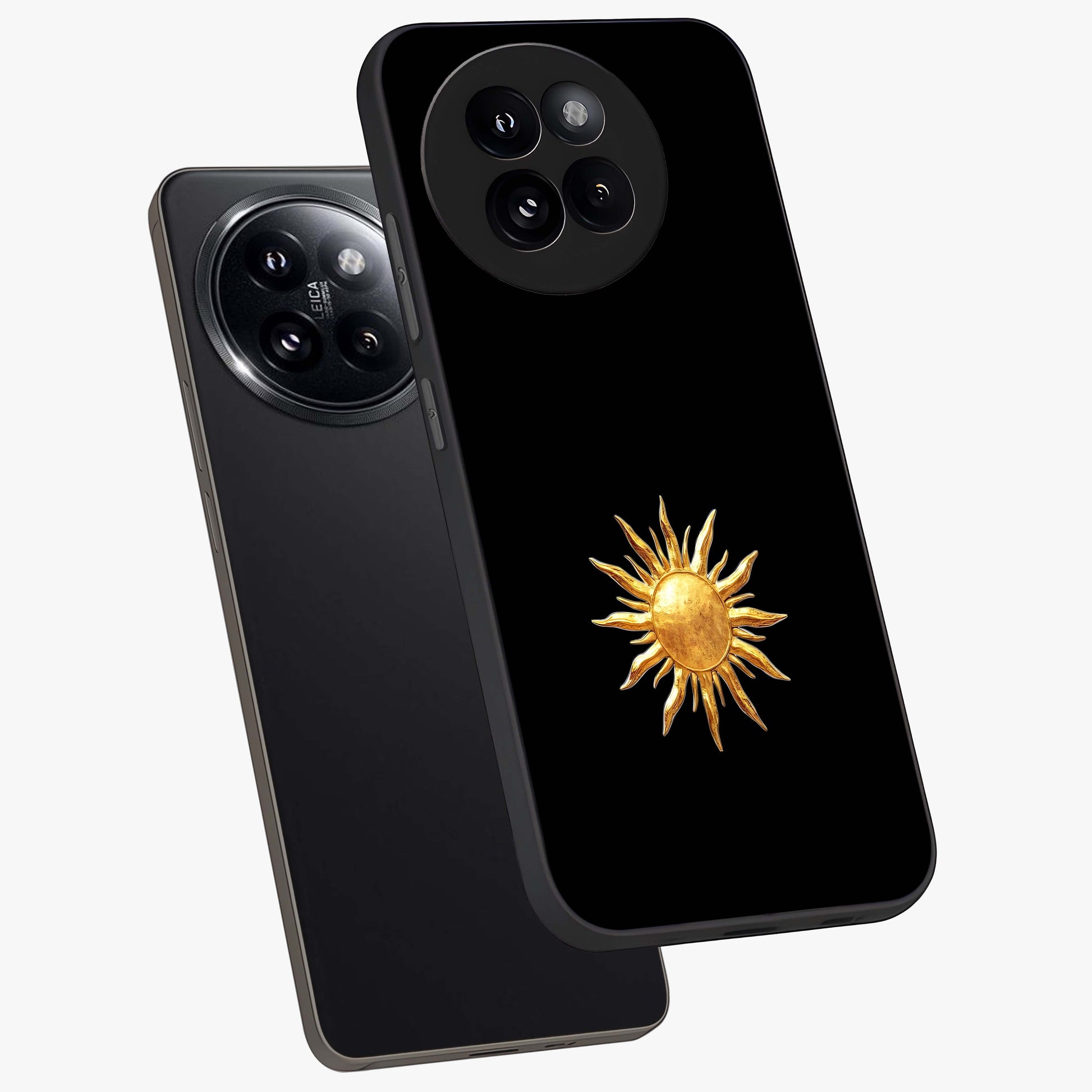 Golden Sun Minimalism Glass Case displayed in angled mockup highlighting eerie shadow illustration with gothic aesthetic.
