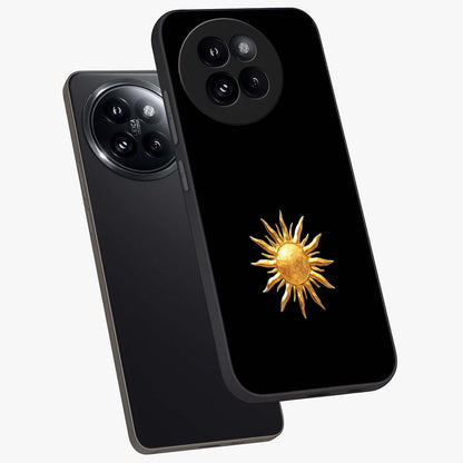 Golden Sun Minimalism Glass Case displayed in angled mockup highlighting eerie shadow illustration with gothic aesthetic.
