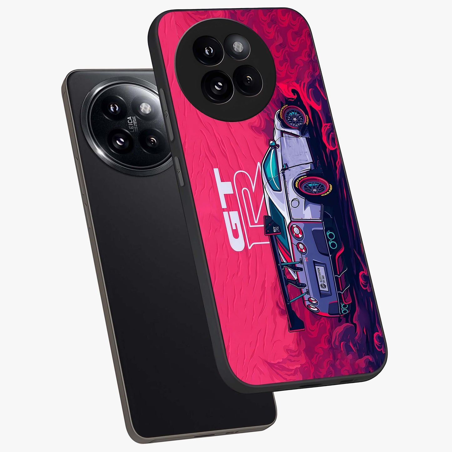 GT-R Car Pattern Glass Case displayed in angled mockup highlighting racing car graphic design with bold automotive aesthetic.