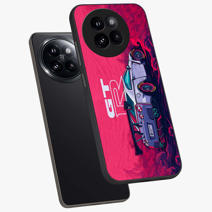 GT-R Car Pattern Glass Case displayed in angled mockup highlighting racing car graphic design with bold automotive aesthetic.
