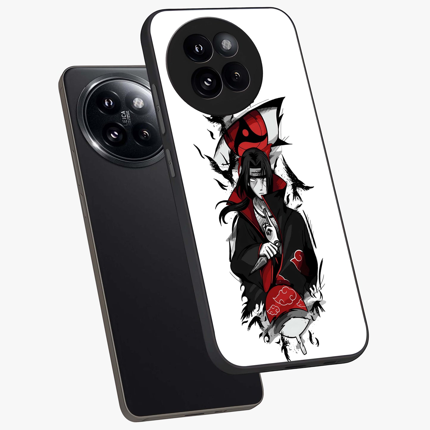 Itachi Limited Edition Naruto Anime Glass Case displayed in angled mockup highlighting dramatic anime illustration with bold action aesthetic.