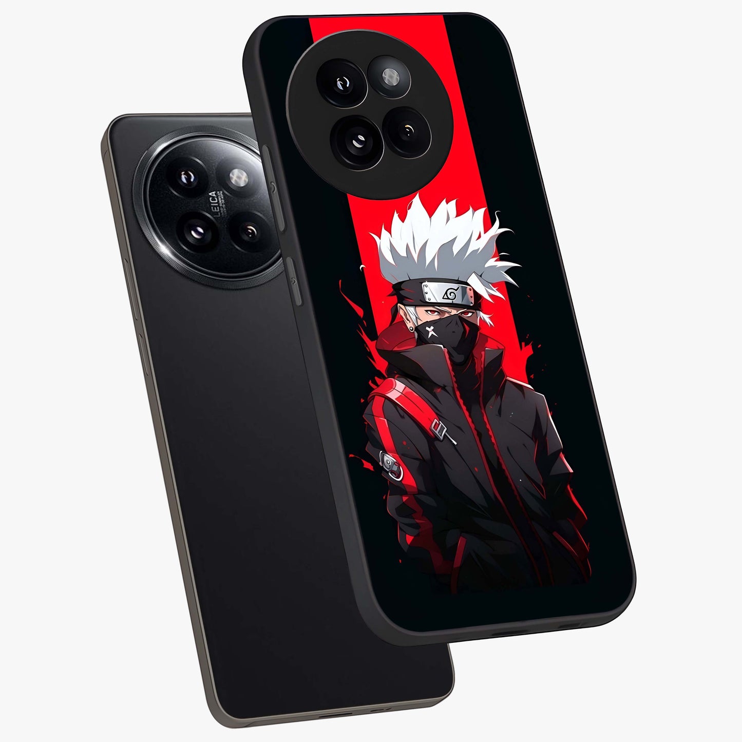 Kakashi Scarlet Shadow Glass Case displayed in angled mockup highlighting dramatic ninja illustration with scarlet themed aesthetic.