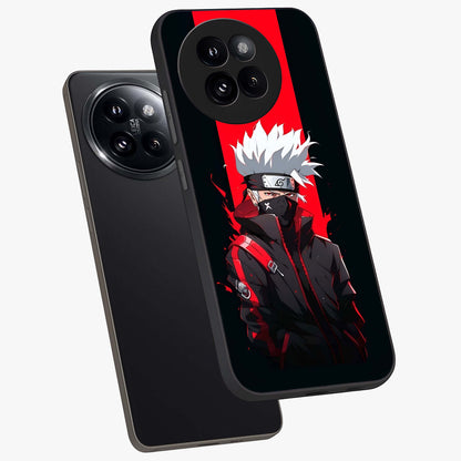 Kakashi Scarlet Shadow Glass Case displayed in angled mockup highlighting dramatic ninja illustration with scarlet themed aesthetic.