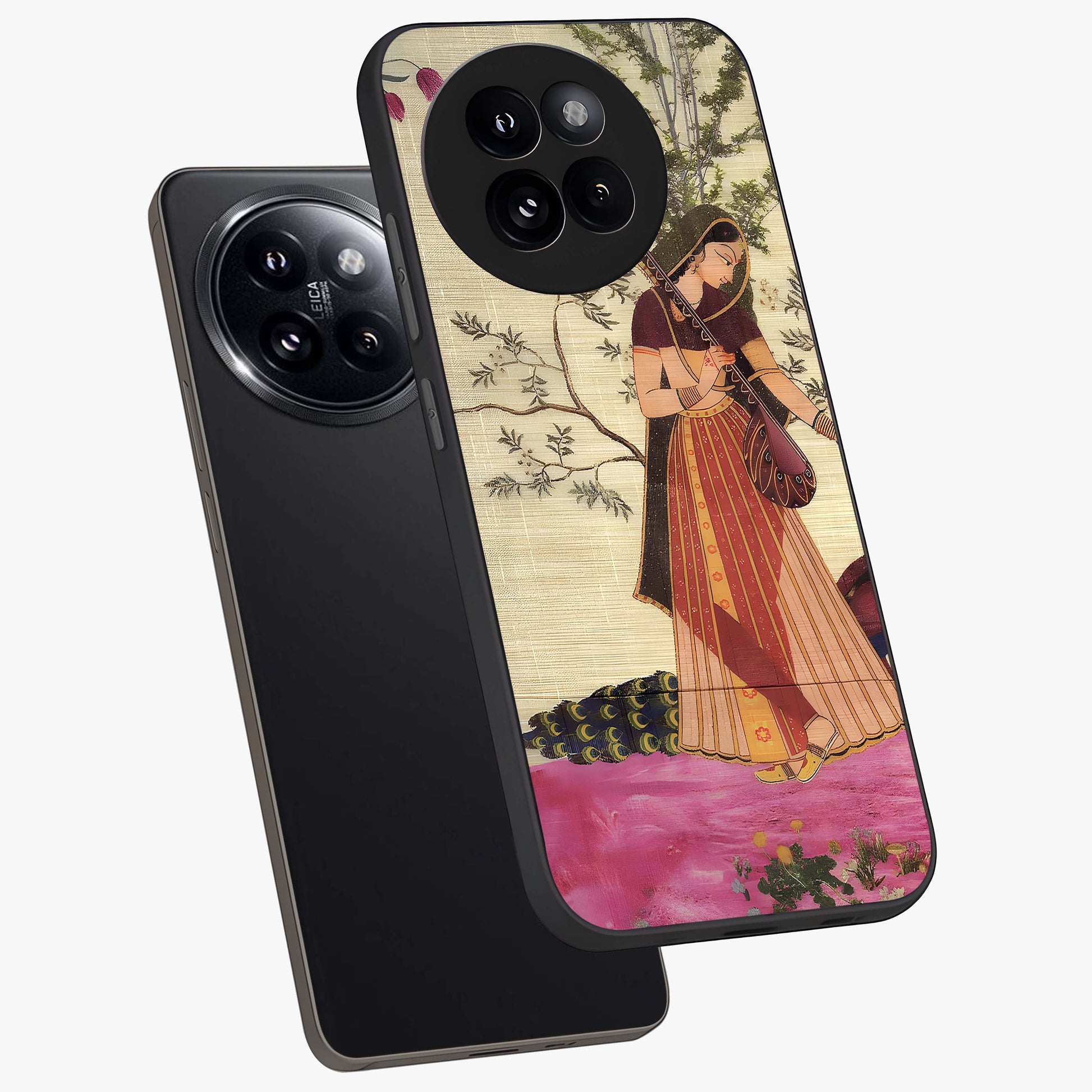 Lady With Veena Art Glass Case displayed in angled mockup highlighting graceful musical illustration with cultural artistic aesthetic.