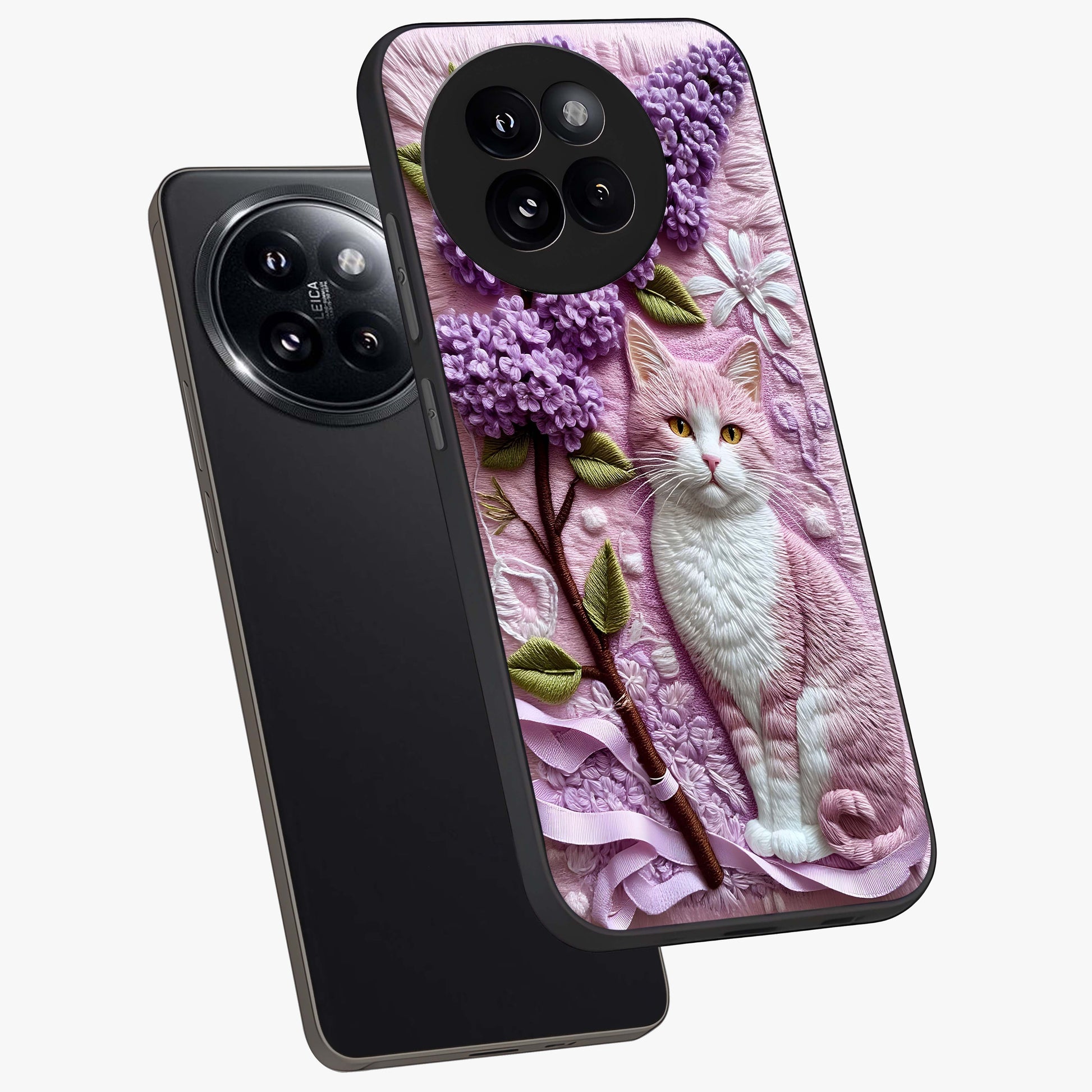 Lavender Cat Whimsy Glass Case displayed in angled mockup highlighting playful feline illustration with pastel lavender aesthetic.