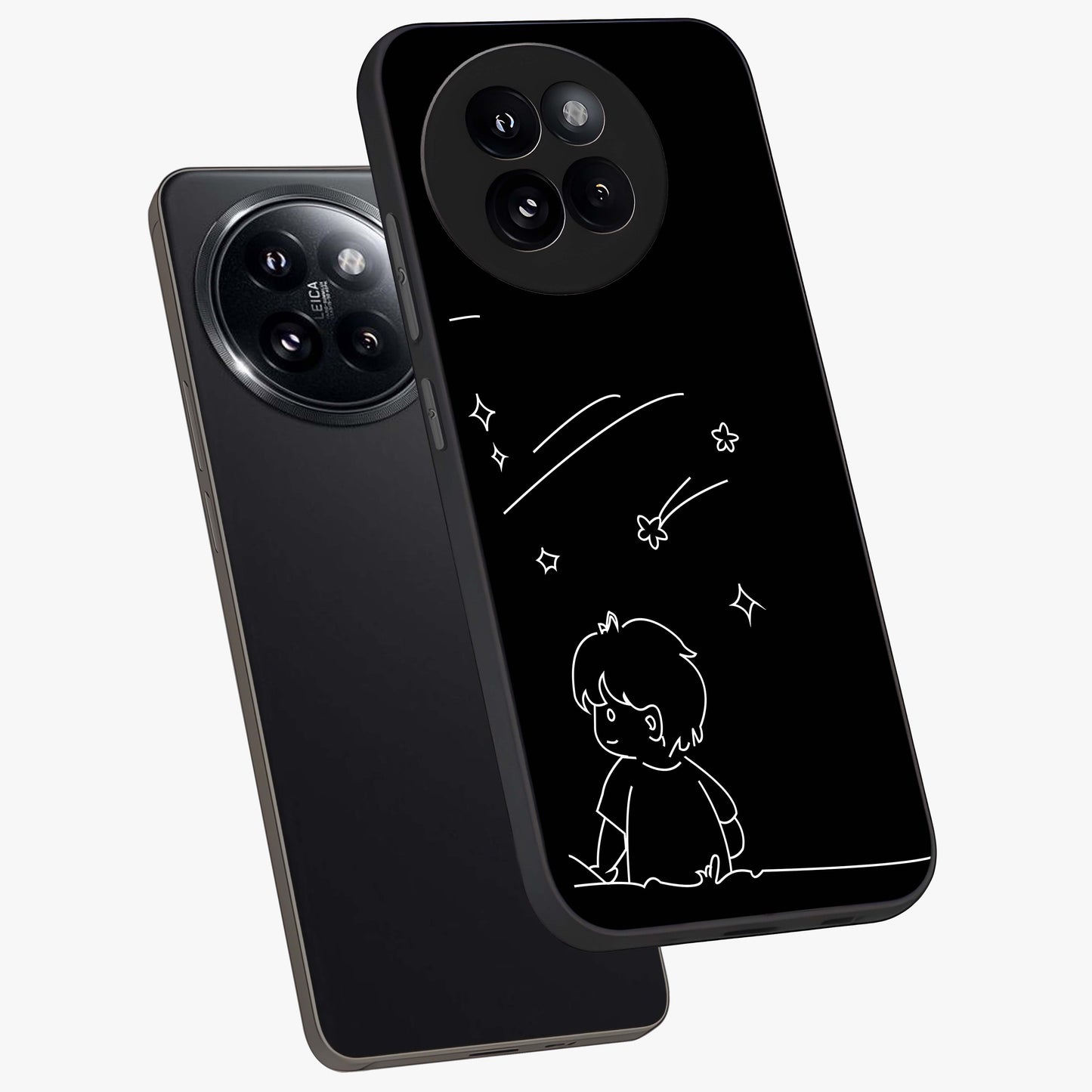 Line Art Boy With Shooting Stars Glass Case displayed in angled mockup highlighting elegant line art design with dreamy star aesthetic.