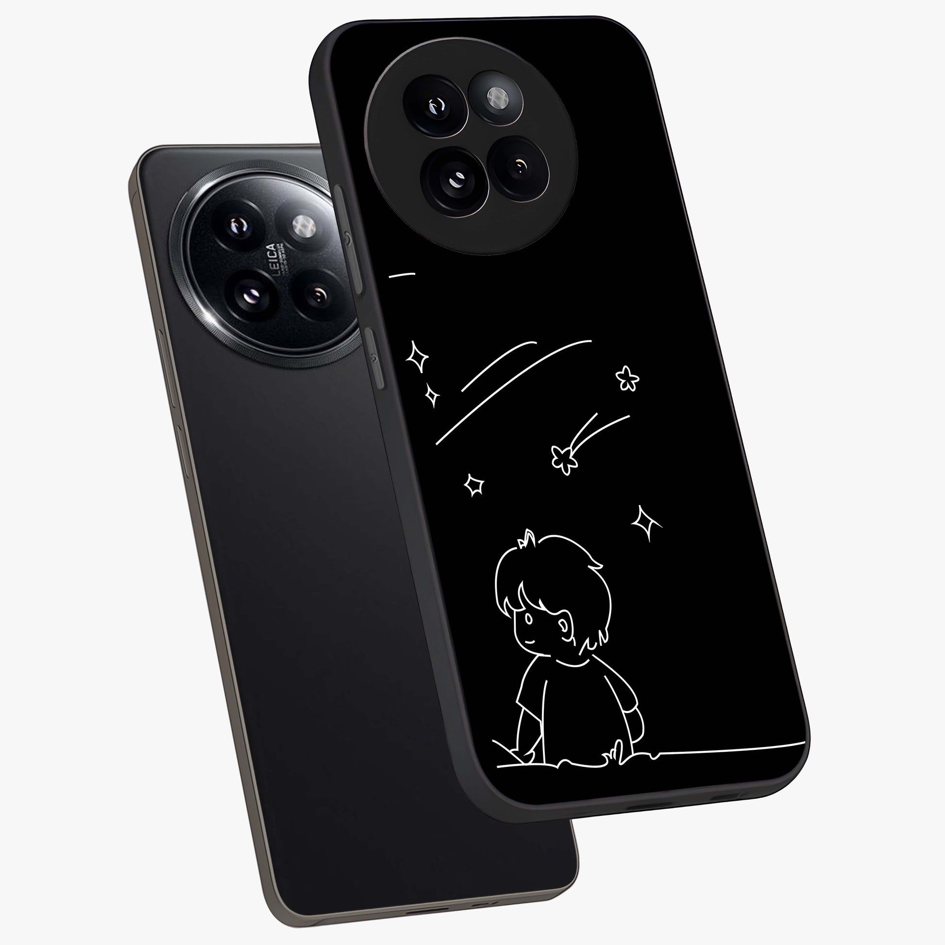 Line Art Boy With Shooting Stars Glass Case displayed in angled mockup highlighting elegant line art design with dreamy star aesthetic.