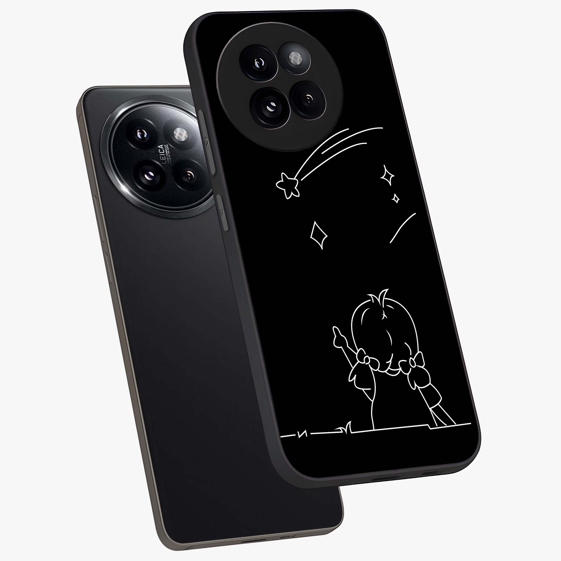 Line Art Girl With Shooting Stars Glass Case displayed in angled mockup highlighting elegant line art design with dreamy star aesthetic.