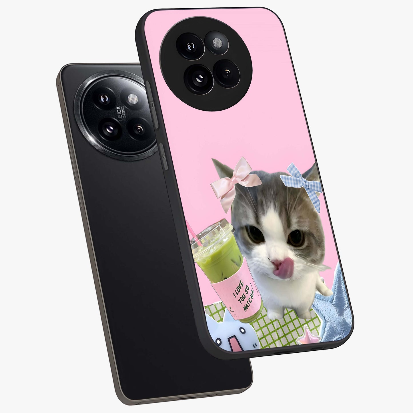 Love Matcha Cat Glass Case displayed in angled mockup highlighting playful feline illustration with cozy matcha aesthetic.