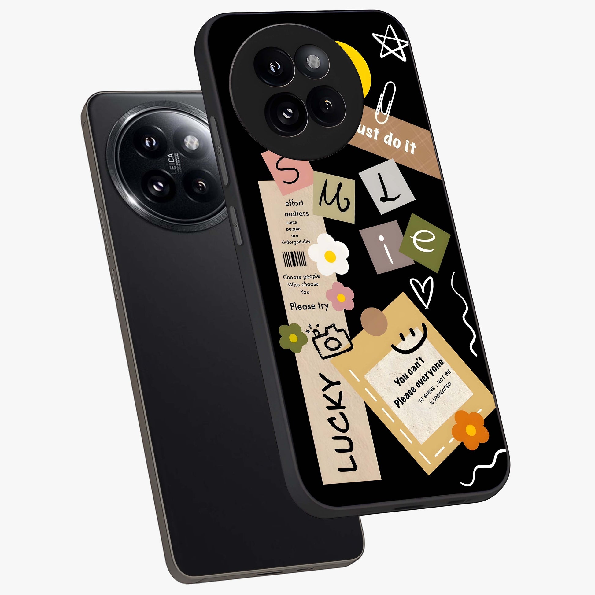 Lucky Aesthetic Collage Glass Case displayed in angled mockup highlighting stylish collage pattern with modern aesthetic vibe.