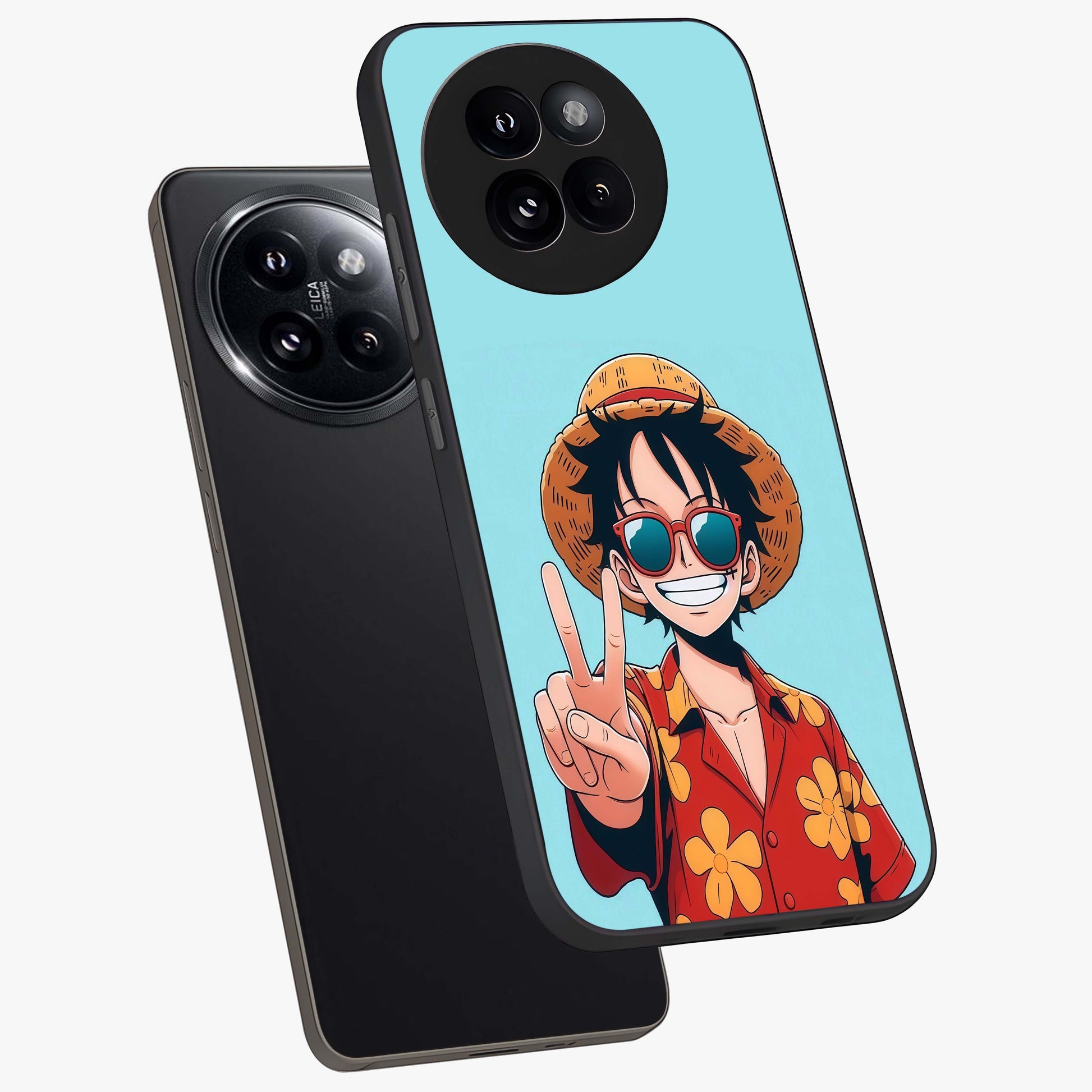 Luffy Summer Anime Vibe Glass Case displayed in angled mockup highlighting energetic anime illustration with summer vibe aesthetic.