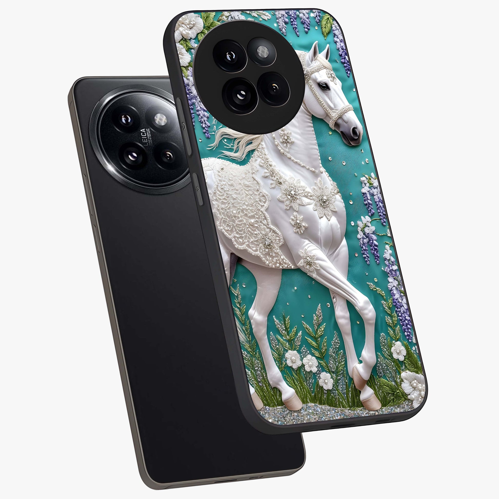 Majestic Floral Stallion Glass Case displayed in angled mockup highlighting majestic stallion illustration with elegant floral aesthetic.