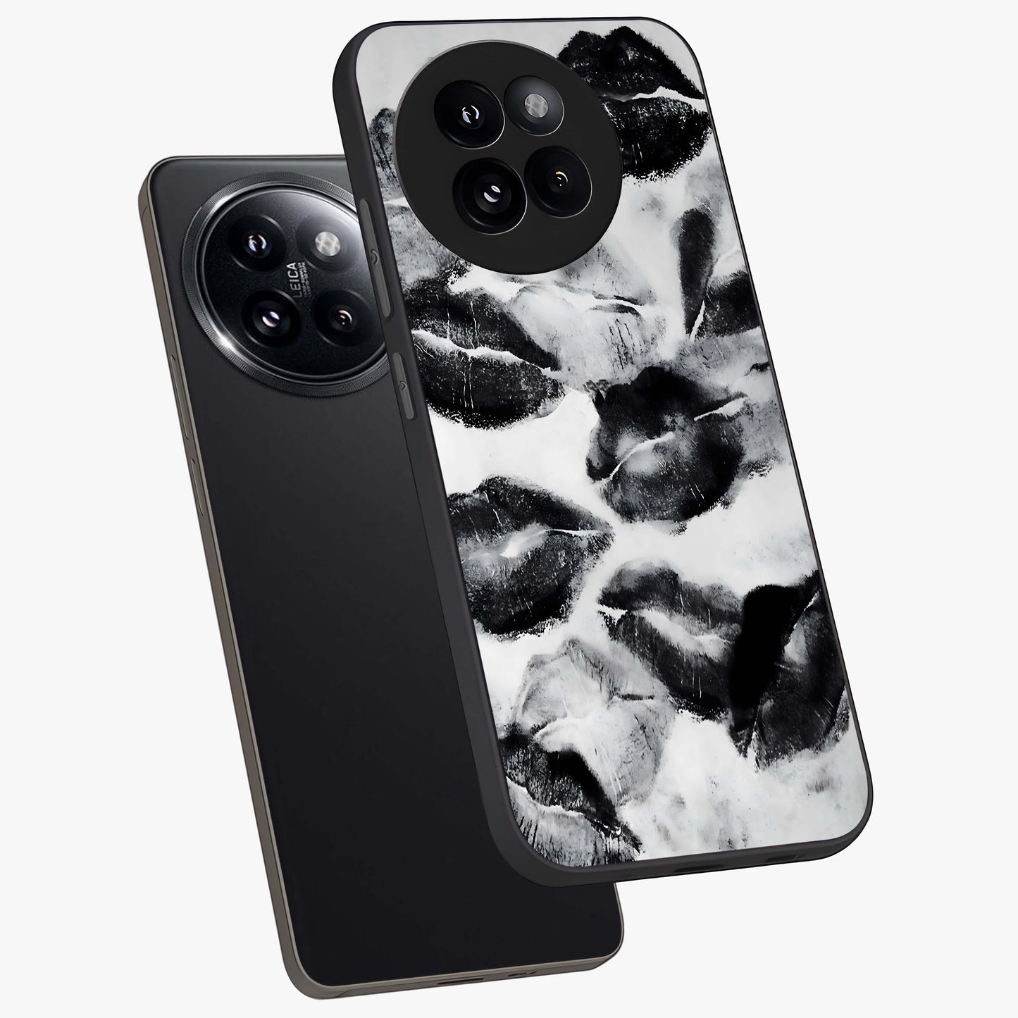 Midnight Kiss Marks Glass Case displayed in angled mockup highlighting playful romantic design with bold midnight aesthetic.