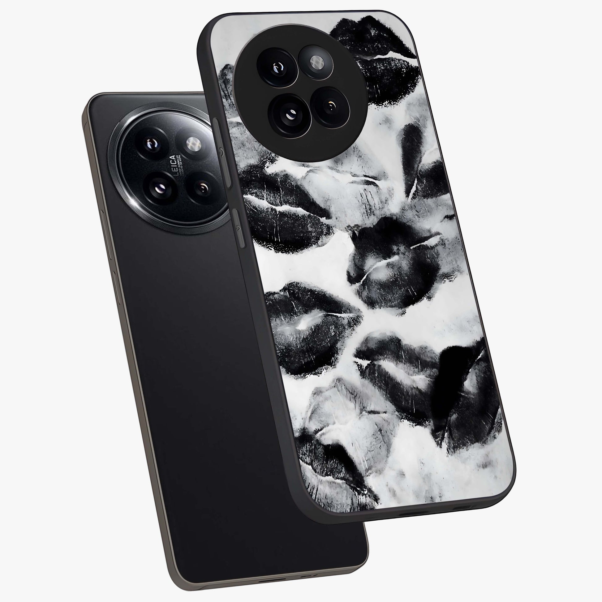 Midnight Kiss Marks Glass Case displayed in angled mockup highlighting playful romantic design with bold midnight aesthetic.