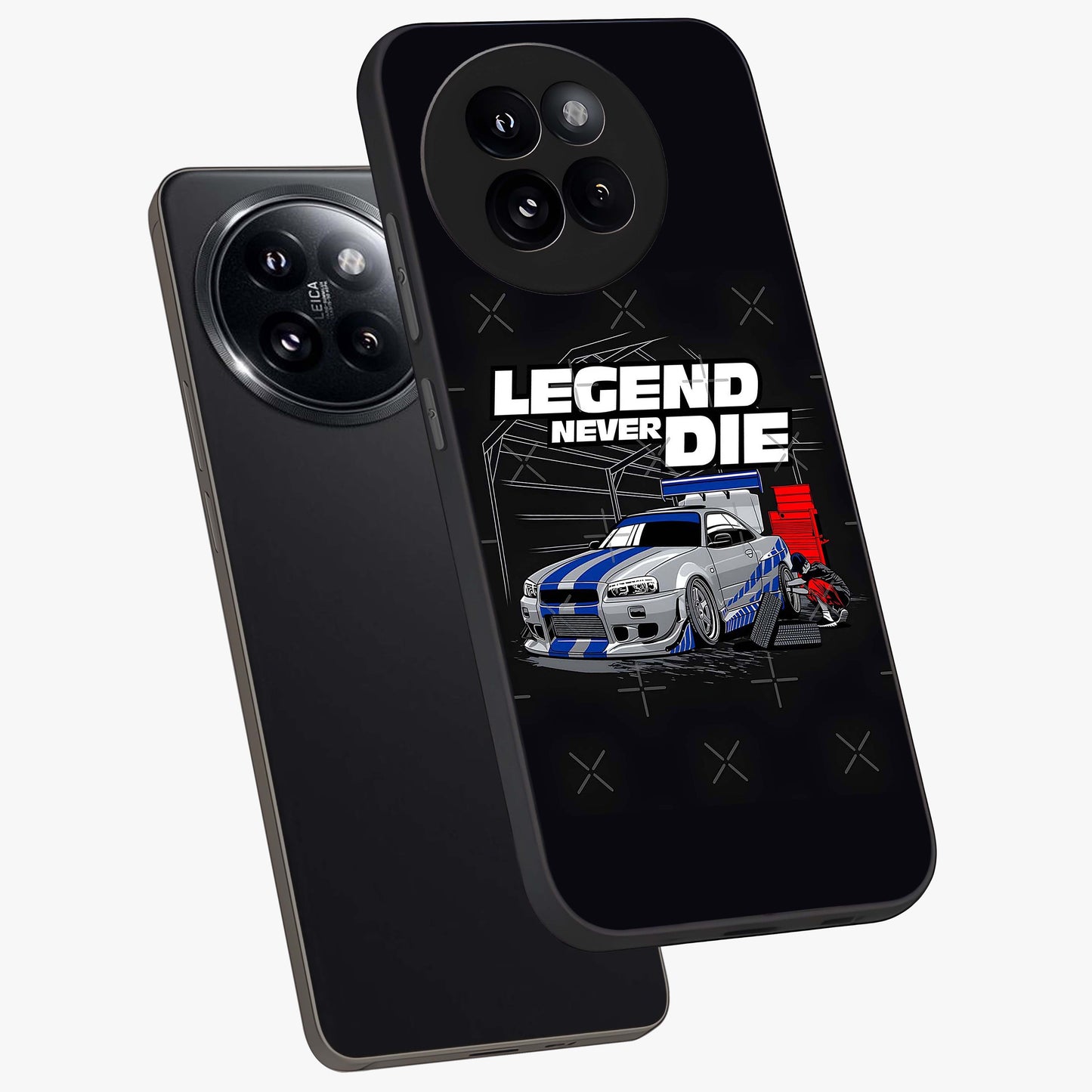 Midnight Racing Legacy Glass Case displayed in angled mockup highlighting dynamic automotive design with bold midnight aesthetic.