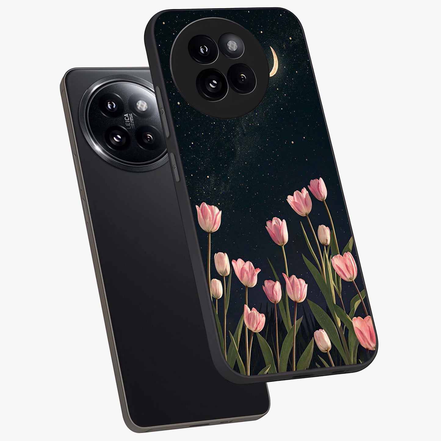 Midnight Tulip Whispers Vibe Glass Case displayed in angled mockup highlighting delicate tulip design with midnight floral aesthetic.