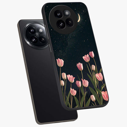 Midnight Tulip Whispers Vibe Glass Case displayed in angled mockup highlighting delicate tulip design with midnight floral aesthetic.