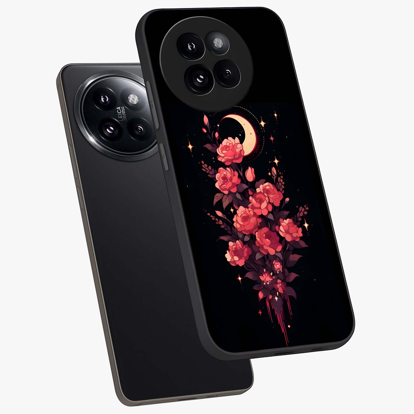 Moonlit Floral Elegance Glass Case displayed in angled mockup highlighting graceful flower design with soft moonlight aesthetic.