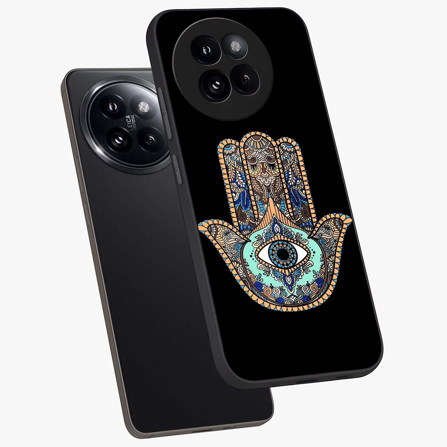 Mystic Hamsa Eye Glass Case displayed in angled mockup highlighting spiritual hamsa symbol with mystical aesthetic style.