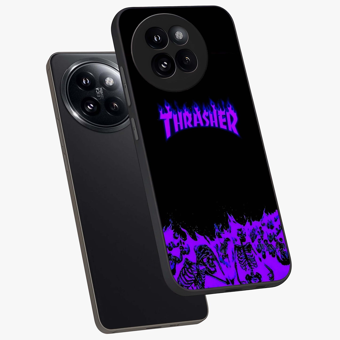Neon Flame Riot Glass Case displayed in angled mockup highlighting glowing flame design with vibrant neon aesthetic.