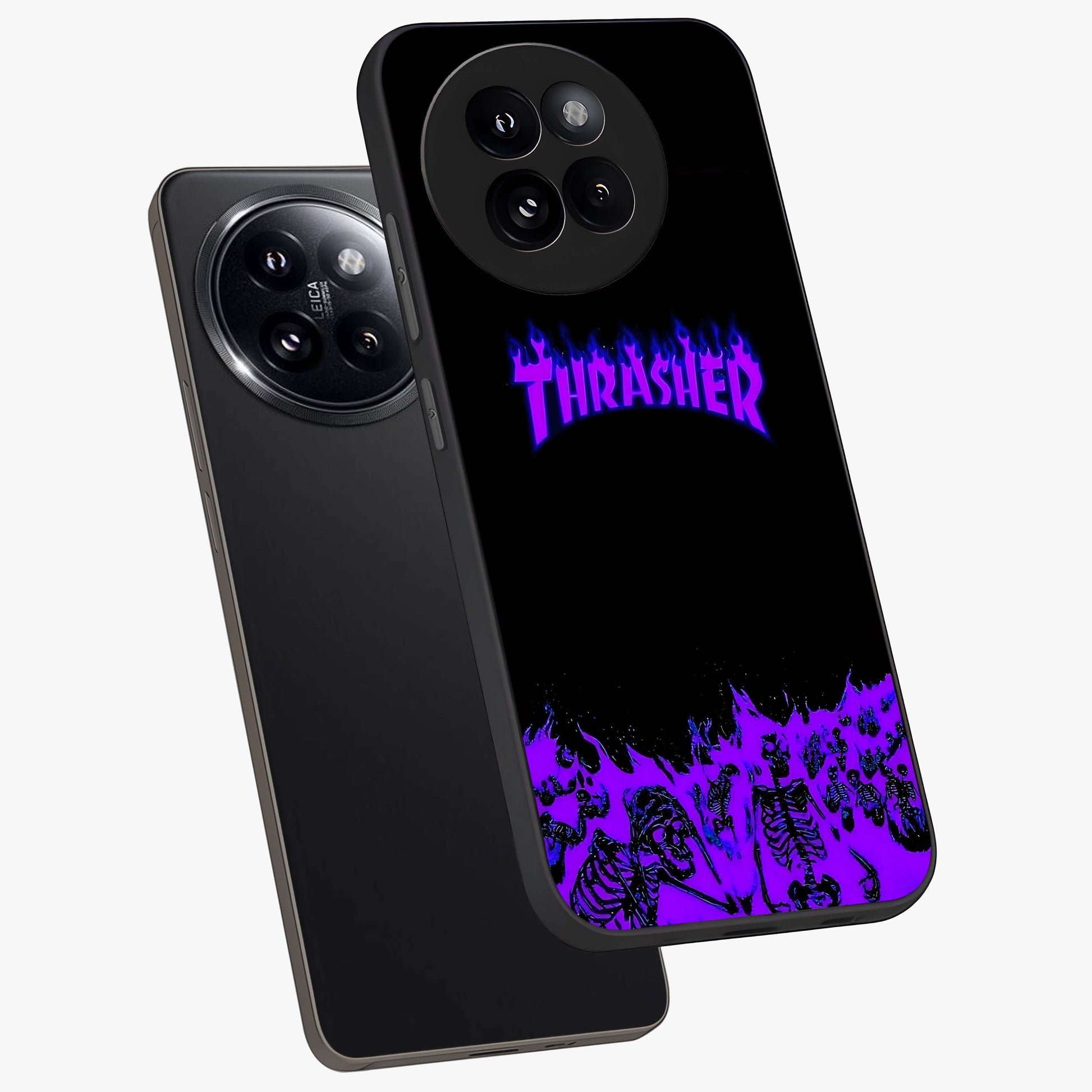 Neon Flame Riot Glass Case displayed in angled mockup highlighting glowing flame design with vibrant neon aesthetic.