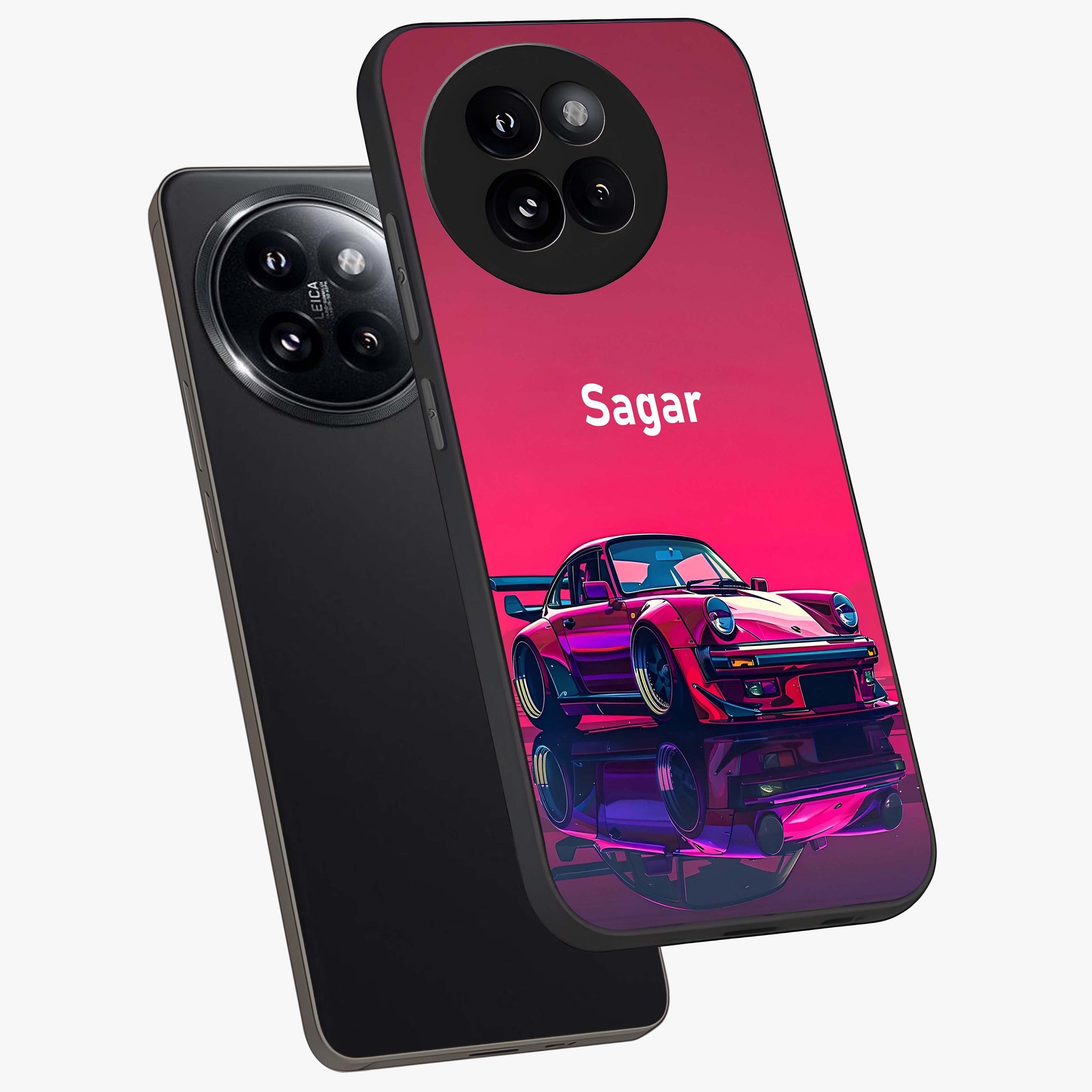 Neon Pink Porsche Glass Case displayed in angled mockup highlighting sleek neon pink car design with racing aesthetic.