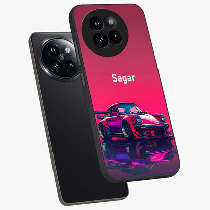 Neon Pink Porsche Glass Case displayed in angled mockup highlighting sleek neon pink car design with racing aesthetic.