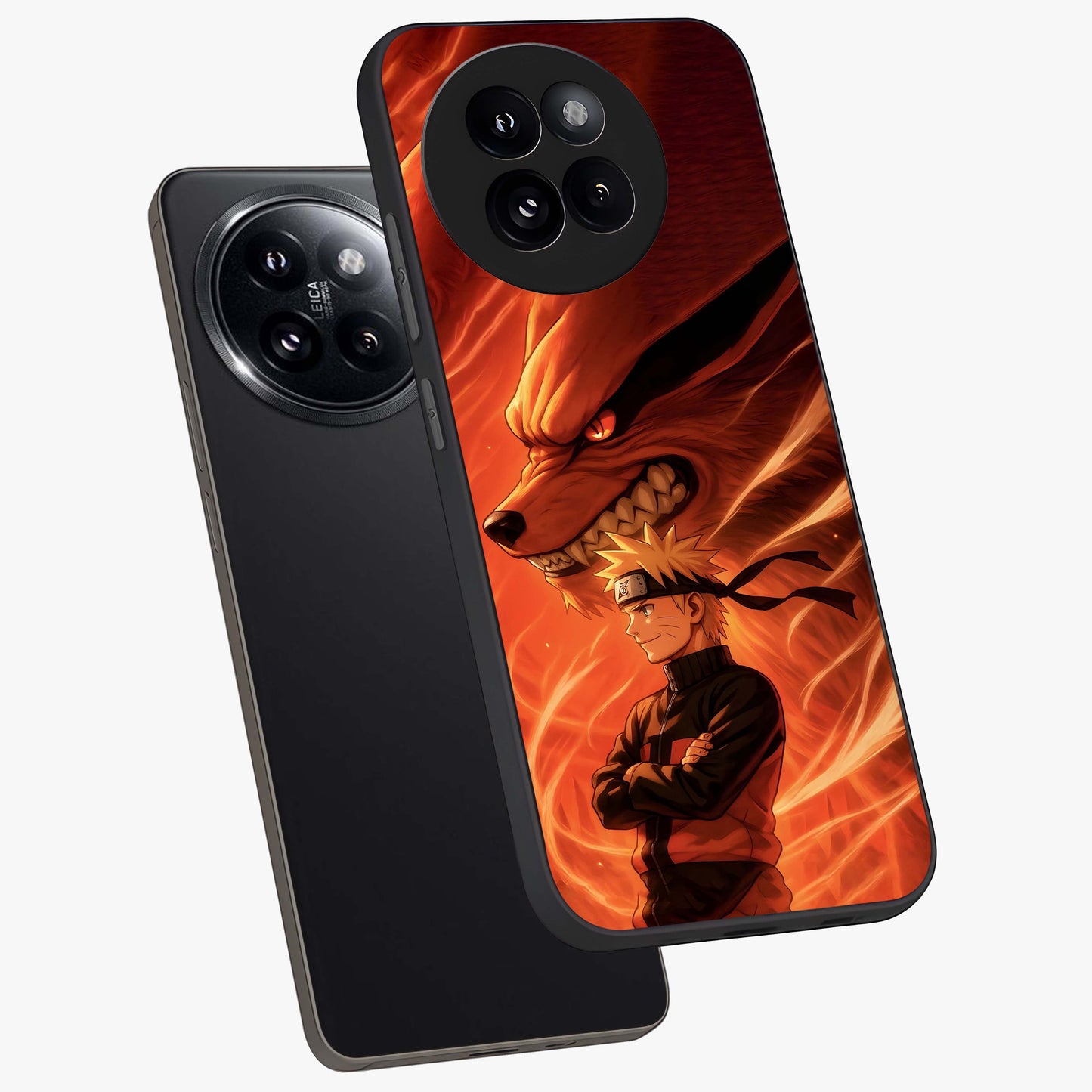 Nine Tails Legacy Glass Case displayed in angled mockup highlighting dynamic anime beast illustration with bold mystical aesthetic.
