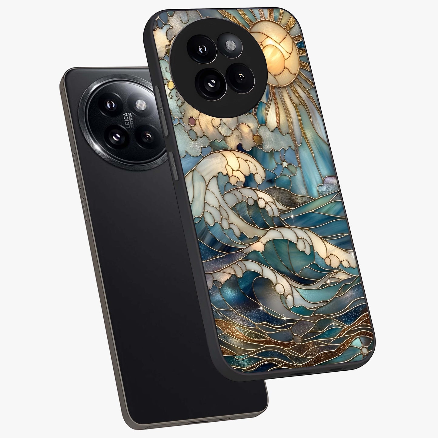 Oceanic Stained Printed Glass Case displayed in angled mockup highlighting colorful aquatic design with artistic aesthetic style.