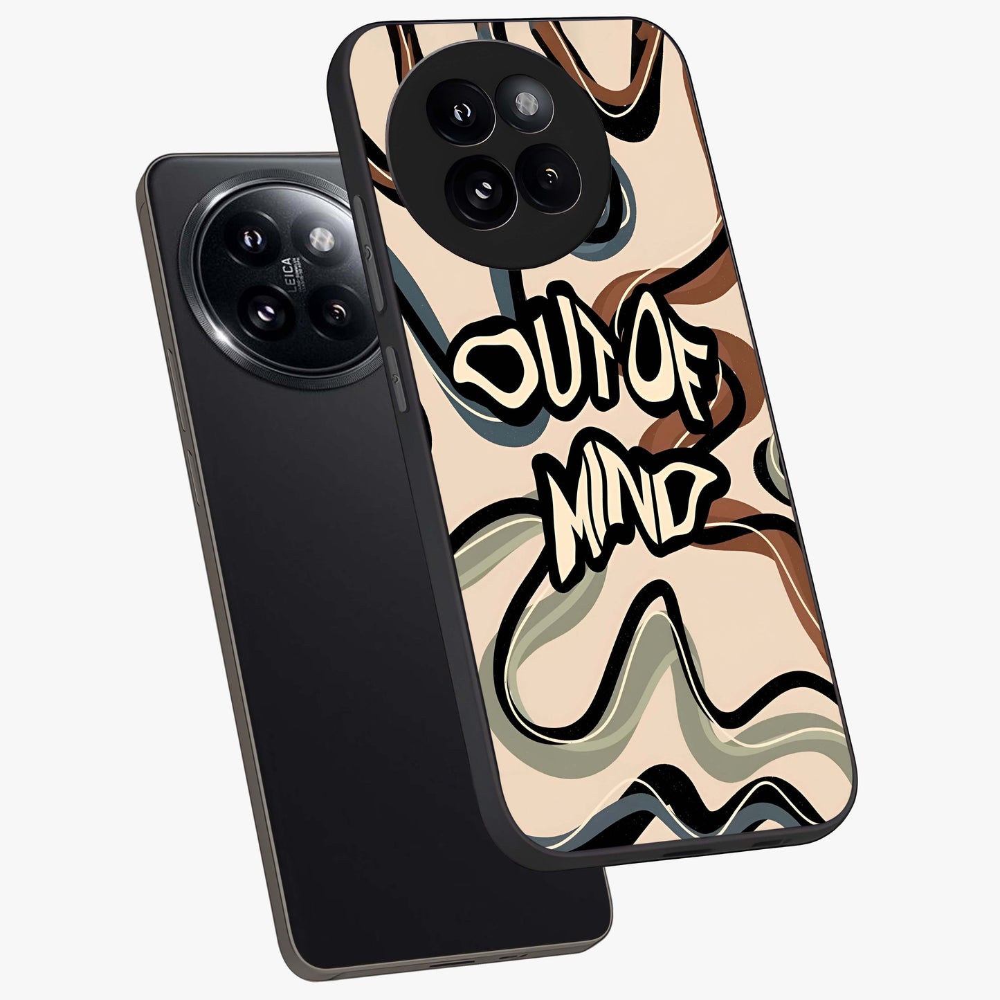 Out Of Mind Glass Case displayed in angled mockup highlighting bold statement design with modern artistic aesthetic.