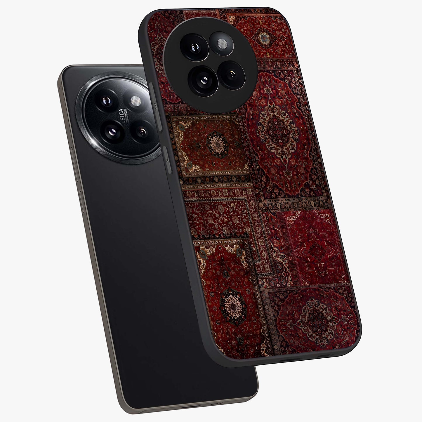 Persian Velvet Tale Glass Case displayed in angled mockup highlighting ornate textile inspired design with royal aesthetic.