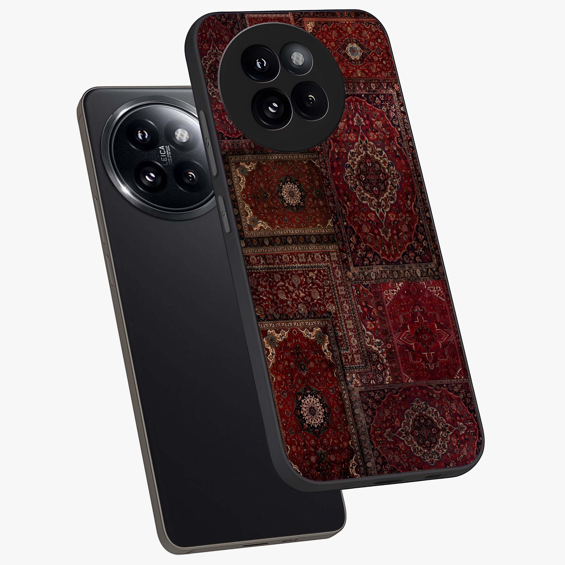 Persian Velvet Tale Glass Case displayed in angled mockup highlighting ornate textile inspired design with royal aesthetic.