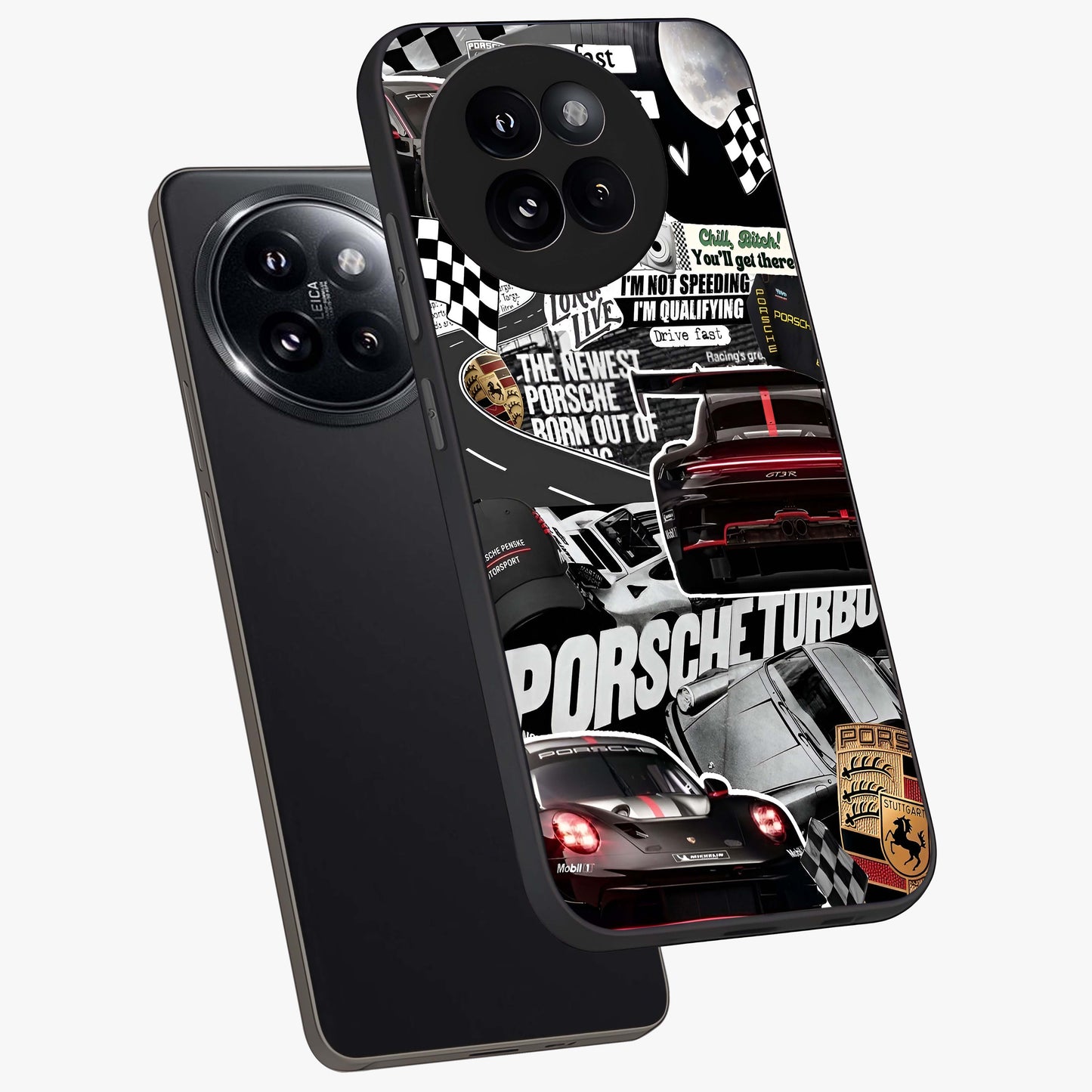 Porsche Racing Collage Glass Case displayed in angled mockup highlighting dynamic automotive design with bold racing aesthetic.