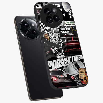 Porsche Racing Collage Glass Case displayed in angled mockup highlighting dynamic automotive design with bold racing aesthetic.