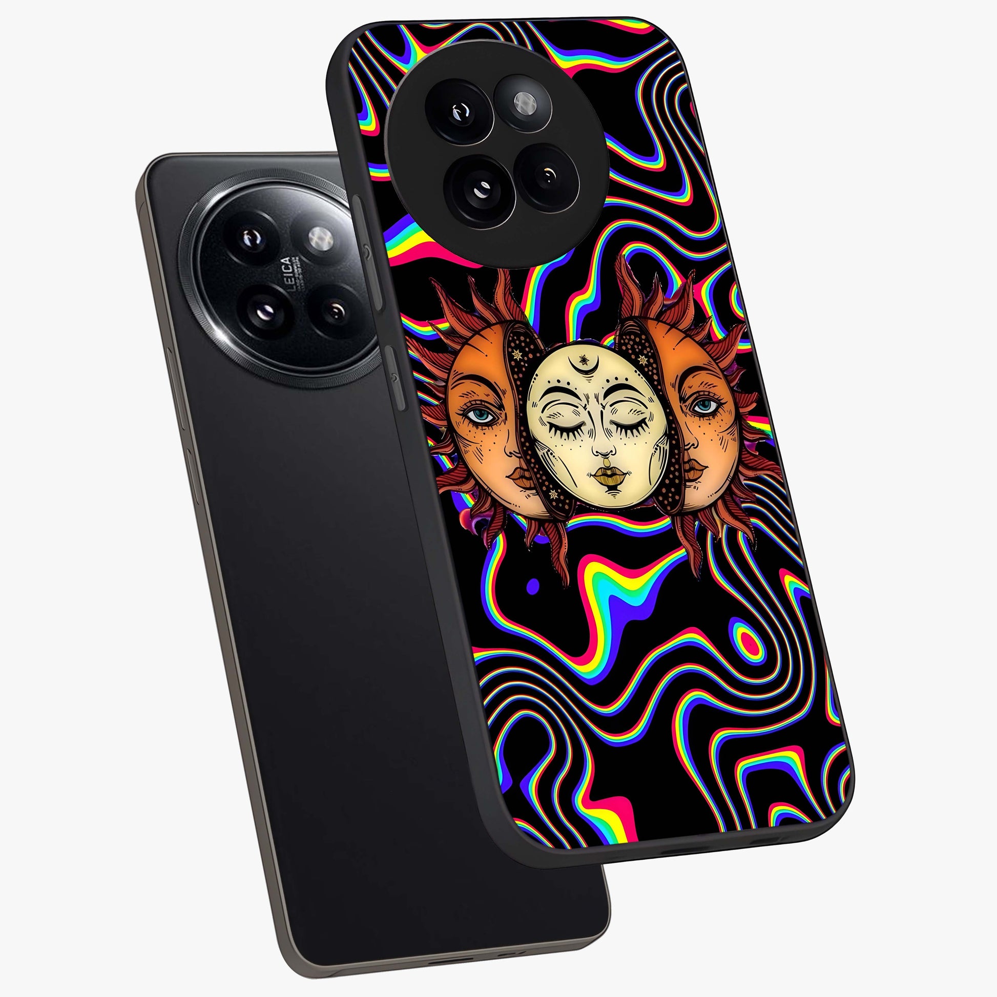 Psychedelic Sun Glass Case displayed in angled mockup highlighting vibrant abstract sun design with artistic aesthetic style.