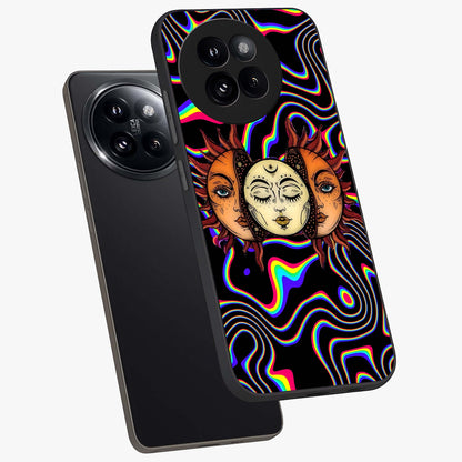 Psychedelic Sun Glass Case displayed in angled mockup highlighting vibrant abstract sun design with artistic aesthetic style.