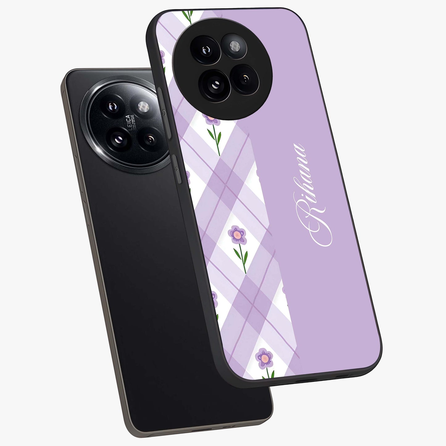 Purple Diamond Floral Glass Case displayed in angled mockup highlighting elegant purple flower design with decorative pattern.
