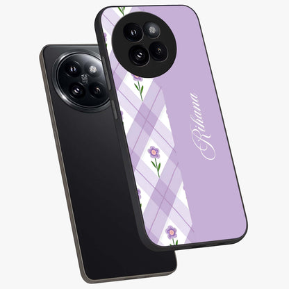 Purple Diamond Floral Glass Case displayed in angled mockup highlighting elegant purple flower design with decorative pattern.