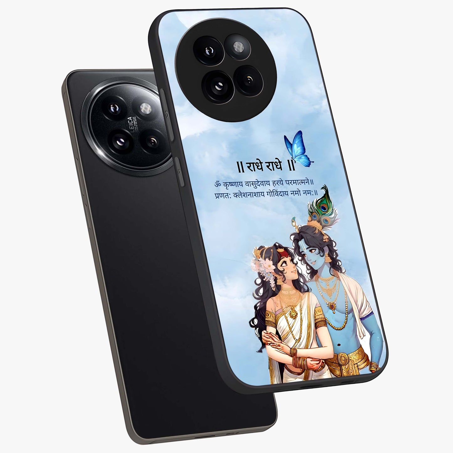 Radha Krishna Eternal Glass Case displayed in angled mockup highlighting divine Radha Krishna illustration with spiritual aesthetic.