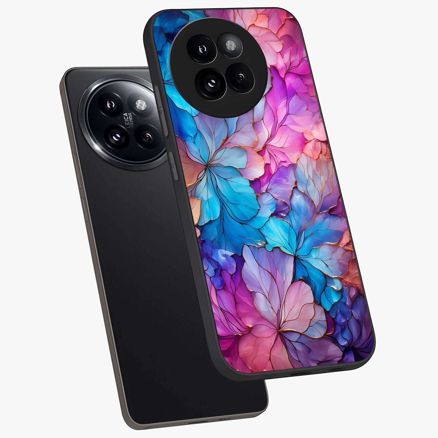 Radiant Floral Whirl Glass Case displayed in angled mockup highlighting vibrant flower pattern with dynamic artistic aesthetic.